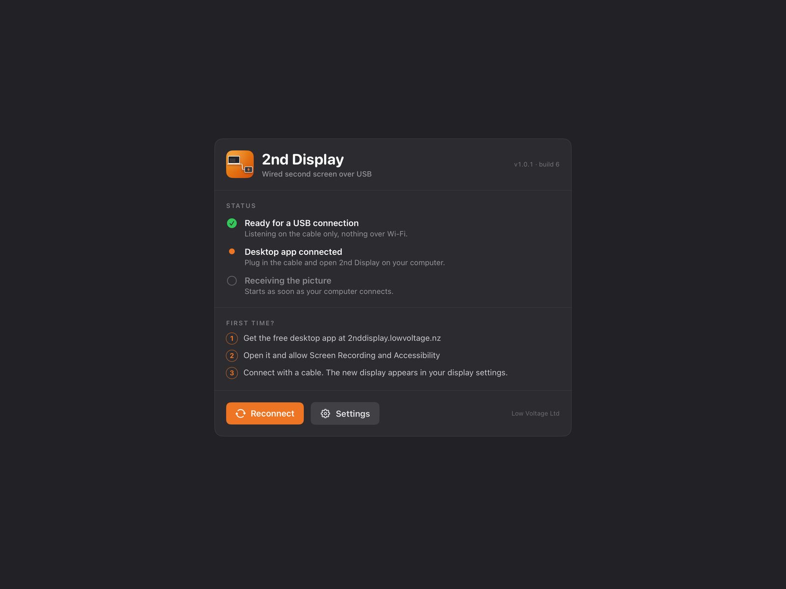The 2nd Display connection screen with live status and first-time setup steps