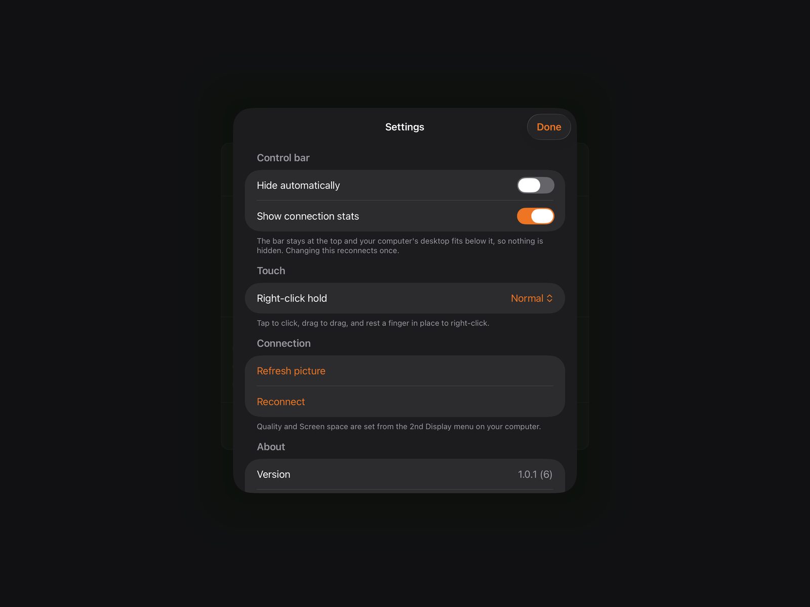 The 2nd Display settings sheet with control bar, touch and connection options